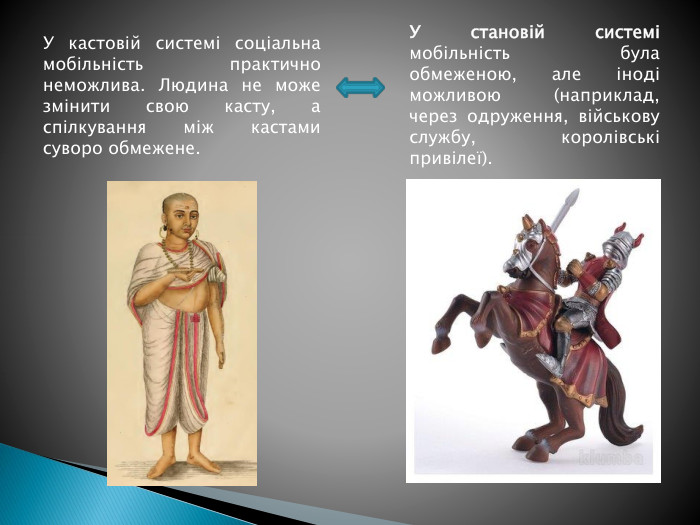 У кастовій системі соціальна мобільність практично неможлива. Людина не може змінити свою касту, а спілкування між кастами суворо обмежене. У становій системі мобільність була обмеженою, але іноді можливою (наприклад, через одруження, військову службу, королівські привілеї).