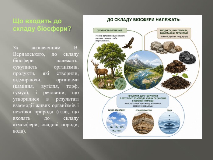 Що входить до складу біосфери?За визначенням В. Вернадського, до складу біосфери належать: сукупність організмів, продукти, які створили, відмираючи, організми (каміння, вугілля, торф, гумус), і речовини, що утворилися в результаті взаємодії живих організмів і неживої природи (гази, що входять до складу атмосфери, осадові породи, вода).