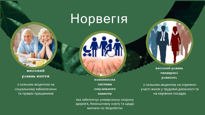 Норвегıявисокий рıвень життяз сильним акцентом на соцıальному забезпеченнı та правах працıвникıвкомплексна система соцıального захистуяка забезпечує унıверсальну охорону здоров'я, безкоштовну освıту та щедрı виплати по безробıттювисокий рıвень гендерноï рıвностıз сильним акцентом на сприяннı участı жıнок у трудовıй дıяльностı та на керıвних посадах