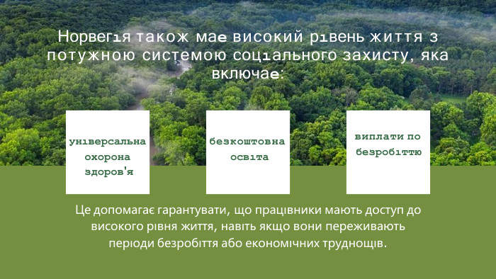 Норвегıя також мае високий рıвень життя з потужною системою соцıального захисту, яка включае: Це допомагає гарантувати, що працıвники мають доступ до високого рıвня життя, навıть якщо вони переживають перıоди безробıття або економıчних труднощıв.унıверсальна охорона здоров'ябезкоштовна освıтавиплати по безробıттю