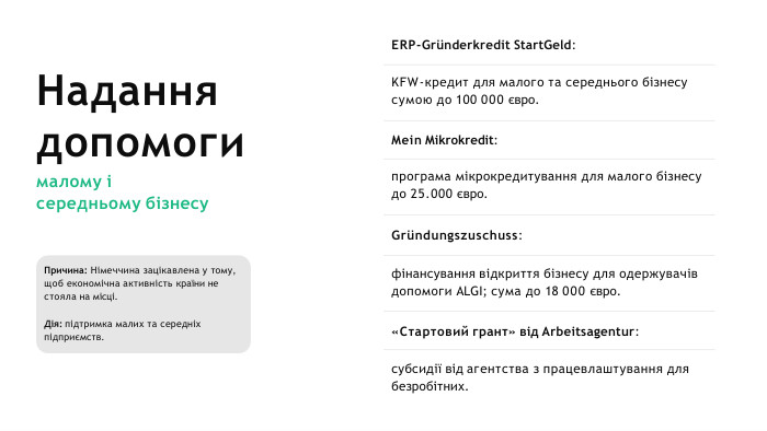 ERP-Gründerkredit Start. Geld: KFW-кредит для малого та середнього бізнесу сумою до 100 000 євро. Mein Mikrokredit:програма мікрокредитування для малого бізнесу до 25.000 євро. Gründungszuschuss:фінансування відкриття бізнесу для одержувачів допомоги ALGI; сума до 18 000 євро.«Стартовий грант» від Arbeitsagentur:субсидії від агентства з працевлаштування для безробітних. Причина: Німеччина зацікавлена у тому, щоб економічна активність країни не стояла на місці. Дія: підтримка малих та середніх підприємств. Надання допомогималому і середньому бізнесу