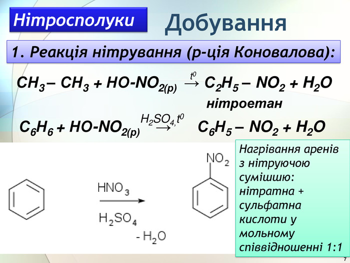 Добування7 Нітросполуки1. Реакція нітрування (р-ція Коновалова): СН3 – СН3 + НО-NO2(р) → С2 Н5 – NO2 + H2 Oнітроетанt0 С6 Н6 + НО-NO2(р) → С6 Н5 – NO2 + H2 OH2 SO4,t0 Нагрівання аренів з нітруючою сумішшю: нітратна + сульфатна кислоти у мольному співвідношенні 1:1