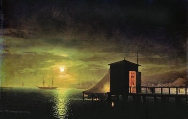 Картина Айвазовского «Лунная ночь. Купальня в Феодосии». 1853 г.