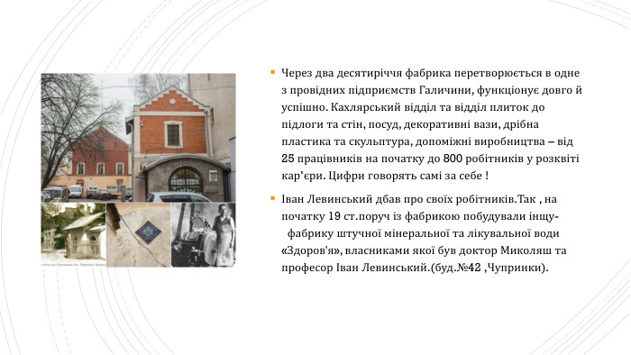 Через два десятиріччя фабрика перетворюється в одне з провідних підприємств Галичини, функціонує довго й успішно. Кахлярський відділ та відділ плиток до підлоги та стін, посуд, декоративні вази, дрібна пластика та скульптура, допоміжні виробництва – від 25 працівників на початку до 800 робітників у розквіті кар’єри. Цифри говорять самі за себе !Іван Левинський дбав про своїх робітників. Так , на початку 19 ст.поруч із фабрикою побудували інщу-  фабрику штучної мінеральної та лікувальної води «Здоров'я», власниками якої був доктор Миколяш та професор Іван Левинський.(буд.№42 ,Чупринки).
