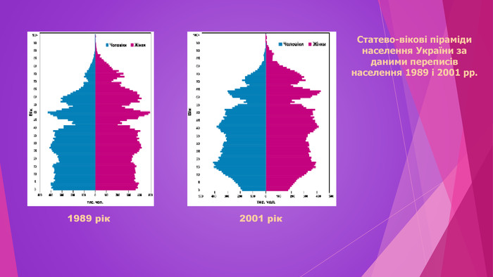 Статево-вікові піраміди населення України за даними переписів населення 1989 і 2001 рр.1989 рік2001 рік
