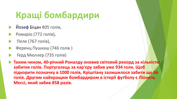   Йозеф Біцан 805 голів, Ромаріо (772 голів), Пеле (767 голів), Ференц Пушкаш (746 голів ) Герд Мюллер (735 голів) Таким чином, 40-річний Роналду оновив світовий рекорд за кількістю забитих голів. Португалець за кар'єру забив уже 934 голи. Щоб підкорити позначку в 1000 голів, Кріштіану залишилося забити ще 66 голів. Другим найкращим бомбардиром в історії футболу є Ліонель Мессі, який забив 858 разів. Кращі бомбардири