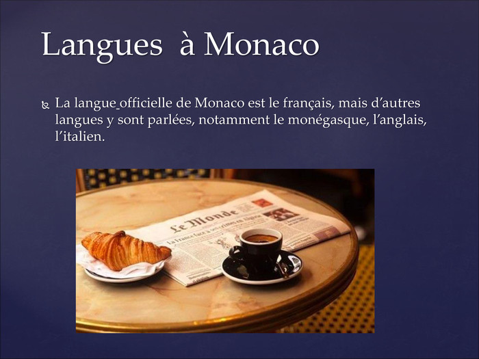 La langue officielle de Monaco est le franзais, mais d’autres langues y sont parlйes, notamment le monйgasque, l’anglais, l’italien.   