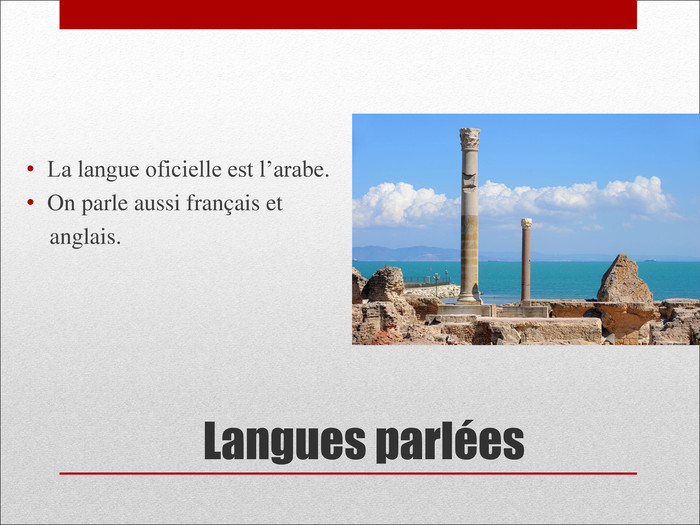  La langue oficielle est l’arabe. On parle aussi franзais et      anglais. 