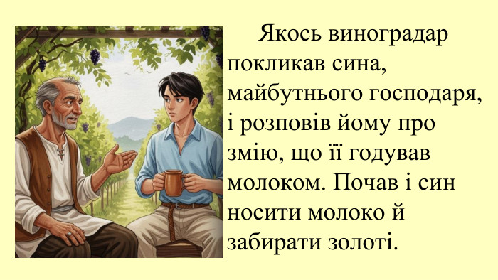 09.11.2025 Якось виноградар покликав сина, майбутнього господаря, і розповів йому про змію, що її годував молоком. Почав і син носити молоко й забирати золоті. 