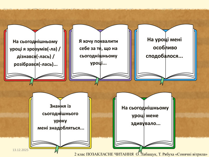 На сьогоднішньомууроці я зрозумів(-ла) / дізнався(-лась) / розібрався(-лась)... Я хочу похвалити себе за те, що на сьогоднішньому уроці... На уроці мені особливо сподобалося... Знання із сьогоднішнього уроку мені знадобляться... На сьогоднішньому уроці мене здивувало...13.12.2025