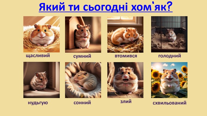 Який ти сьогодні хом'як?щасливийсумнийвтомивсяголоднийнудьгуюсоннийсхвильованийзлий