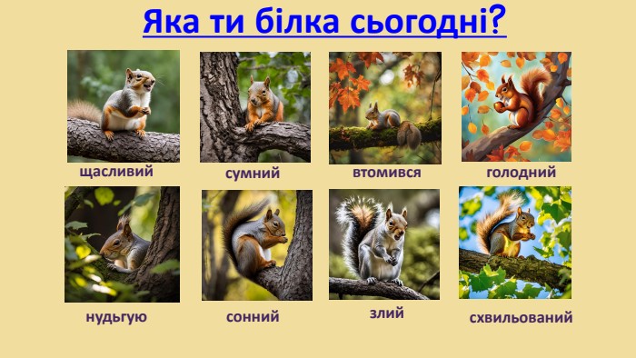 Яка ти білка сьогодні?щасливийсумнийвтомивсяголоднийнудьгуюсоннийсхвильованийзлий