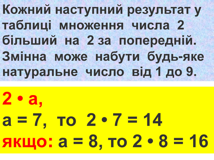 Кожний наступний результат у таблиці множення числа 2 більший на 2 за попередній. Змінна може набути будь-яке натуральне число від 1 до 9.2 • а, а = 7, то 2 • 7 = 14якщо: а = 8, то 2 • 8 = 16