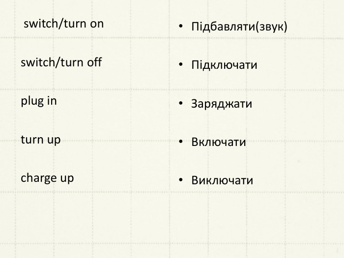  switch/turn onswitch/turn offplug inturn upcharge up Підбавляти(звук)Підключати. Заряджати. Включати. Виключати 