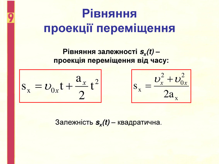 Рівняння залежності sх(t) – проекція переміщення від часу: Залежність sх(t) – квадратична. Рівняння проекції переміщення 