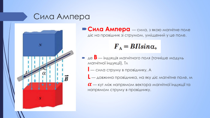 Сила Ампера. Сила Ампера — сила, з якою магнітне поле діє на провідник зі струмом, уміщений у це поле.де B — індукція магнітного поля (точніше модуль магнітної індукції), Тл I — сила струму в провіднику, АL — довжина провідника, на яку діє магнітне поле, м𝜶 — кут між напрямом вектора магнітної індукції та напрямом струму в провіднику. 