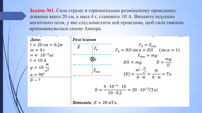 Задача №1. Сила струму в горизонтально розміщеному провіднику, довжина якого 20 см, а маса 4 г, становить 10 А. Визначте індукцію магнітного поля, у яке слід помістити цей провідник, щоб сила тяжіння врівноважувалася силою Ампера.