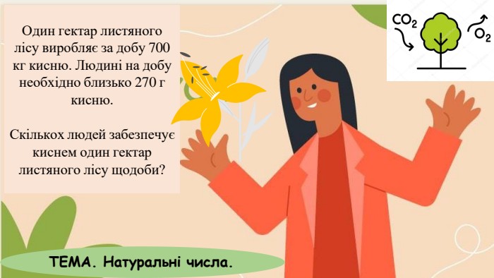 Один гектар листяного лісу виробляє за добу 700 кг кисню. Людині на добу необхідно близько 270 г кисню. Скількох людей забезпечує киснем один гектар листяного лісу щодоби?ТЕМА. Натуральні числа.