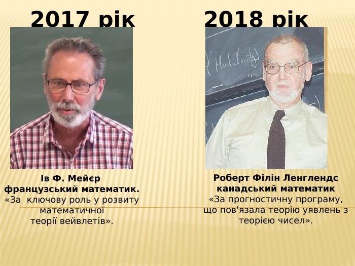 Ів Ф. Мейєр французський математик.«За ключову роль у розвиту математичної теорії вейвлетів».2017 рік2018 рік. Роберт Філін Ленглендсканадський математик«За прогностичну програму, що пов'язала теорію уявлень з теорією чисел».