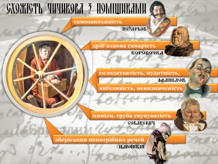 самозакоханість дріб'язкова скнарість солодкуватість, нудотність,  ввічливість, невизначеність цинізм, груба скупуватість зберігання непотрібних речей 