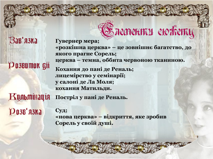 Гувернер мера;  «розкішна церква» – це зовнішнє багатство, до якого прагне Сорель;  церква – темна, оббита червоною тканиною. Кохання до пані де Реналь;  лицемірство у семінарії;  у салоні де Ла Моля;  кохання Матильди. Постріл у пані де Реналь. Суд;  «нова церква» – відкриття, яке зробив  Сорель у своїй душі. 