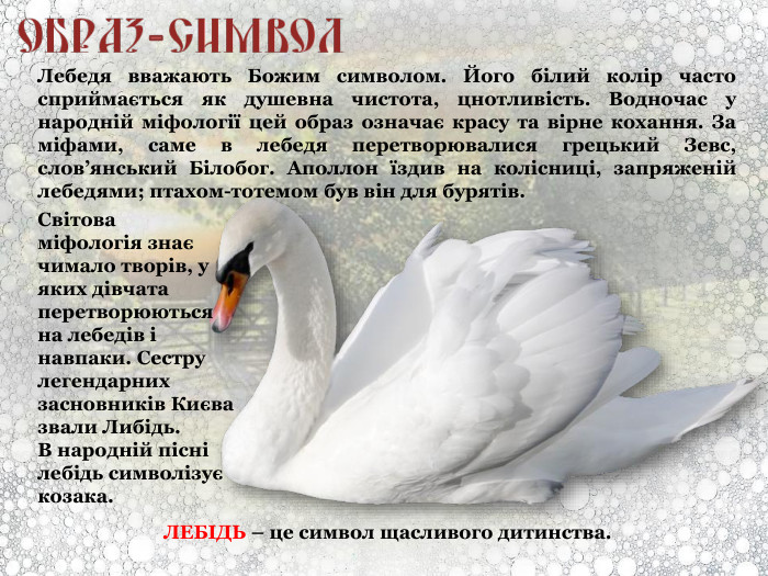 Лебедя вважають Божим символом. Його білий колір часто сприймається як душевна чистота, цнотливість. Водночас у народній міфології цей образ означає красу та вірне кохання. За міфами, саме в лебедя перетворювалися грецький Зевс, слов’янський Білобог. Аполлон їздив на колісниці, запряженій лебедями; птахом-тотемом був він для бурятів.  Світова  міфологія знає чимало творів, у яких дівчата перетворюються на лебедів і навпаки. Сестру легендарних засновників Києва звали Либідь.  В народній пісні лебідь символізує козака.  ЛЕБІДЬ – це символ щасливого дитинства. 