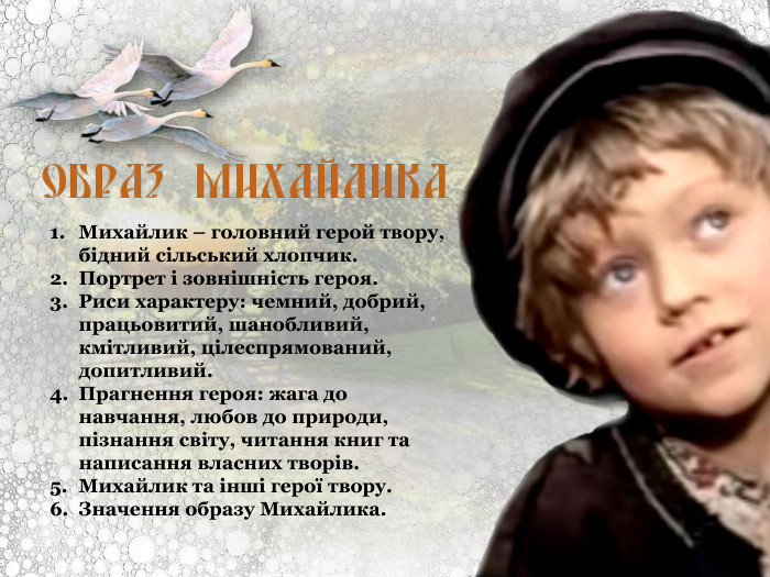 Михайлик – головний герой твору, бідний сільський хлопчик. Портрет і зовнішність героя. Риси характеру: чемний, добрий, працьовитий, шанобливий, кмітливий, цілеспрямований, допитливий. Прагнення героя: жага до навчання, любов до природи, пізнання світу, читання книг та написання власних творів. Михайлик та інші герої твору. Значення образу Михайлика.   
