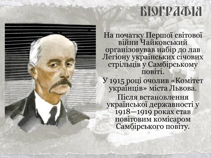 На початку Першої світової війни Чайковський організовував набір до лав Легіону українських січових стрільців у Самбірському повіті.  У 1915 році очолив «Комітет українців» міста Львова.  Після встановлення української державності у 1918—1919 роках став повітовим комісаром Самбірського повіту. 