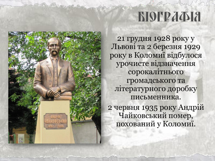 21 грудня 1928 року у Львові та 2 березня 1929 року в Коломиї відбулося урочисте відзначення сорокалітнього громадського та літературного доробку письменника. 2 червня 1935 року Андрій Чайковський помер, похований у Коломиї. 