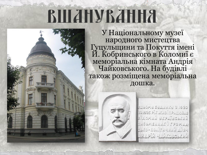 У Національному музеї народного мистецтва Гуцульщини та Покуття імені Й. Кобринського в Коломиї є меморіальна кімната Андрія Чайковського. На будівлі також розміщена меморіальна дошка. 