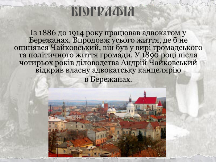 Із 1886 до 1914 року працював адвокатом у Бережанах. Впродовж усього життя, де б не опинявся Чайковський, він був у вирі громадського та політичного життя громади. У 1890 році після чотирьох років діловодства Андрій Чайковський відкрив власну адвокатську канцелярію  в Бережанах. 