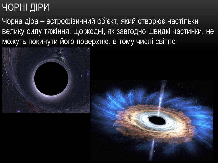 Чорні діри. Чорна діра – астрофізичний об'єкт, який створює настільки велику силу тяжіння, що жодні, як завгодно швидкі частинки, не можуть покинути його поверхню, в тому числі світло
