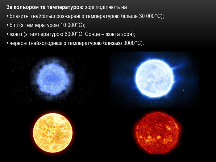 За кольором та температурою зорі поділяють на• блакитні (найбільш розжарені з температурою більше 30 000°С);• білі (з температурою 10 000°С);• жовті (з температурою 6000°С, Сонце – жовта зоря);• червоні (найхолодніші з температурою близько 3000°С). 