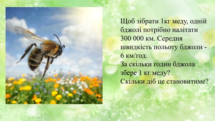 Щоб зібрати 1кг меду, одній бджолі потрібно налітати 300 000 км. Середня швидкість польоту бджоли - 6 км/год. За скільки годин бджола збере 1 кг меду? Скільки діб це становитиме?