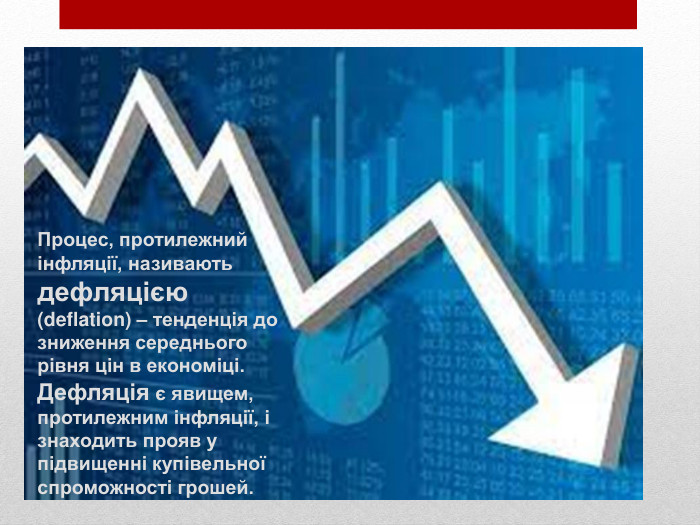 Процес, протилежний інфляції, називають дефляцією (deflation) – тенденція до зниження середнього рівня цін в економіці. Дефляція є явищем, протилежним інфляції, і знаходить прояв у підвищенні купівельноїспроможності грошей. 