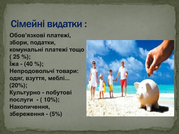Обов’язкові платежі, збори, податки, комунальні платежі тощо   ( 25 %); Їжа - (40 %); Непродовольчі товари: одяг, взуття, меблі...   (20%); Культурно - побутові послуги  - ( 10%); Накопичення, збереження - (5%) 