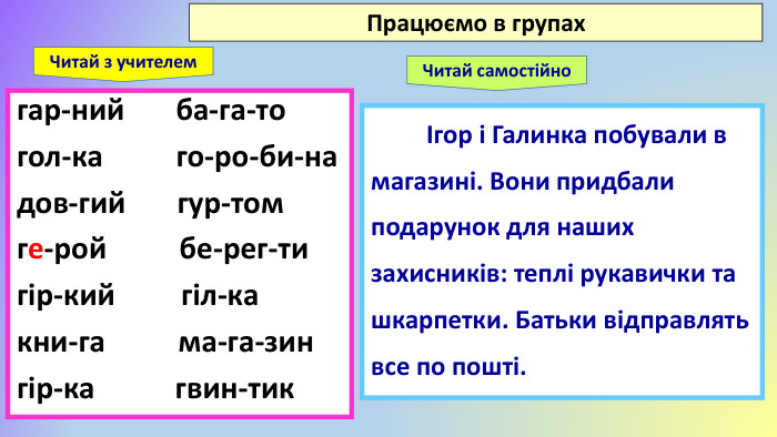 	Ігор і Галинка побували в магазині. Вони придбали подарунок для наших захисників: теплі рукавички та шкарпетки. Батьки відправлять все по пошті.гар-ний ба-га-тогол-ка го-ро-би-надов-гий гур-томге-рой бе-рег-ти гір-кий гіл-какни-га ма-га-зингір-ка гвин-тик Працюємо в групах. Читай самостійно. Читай з учителем