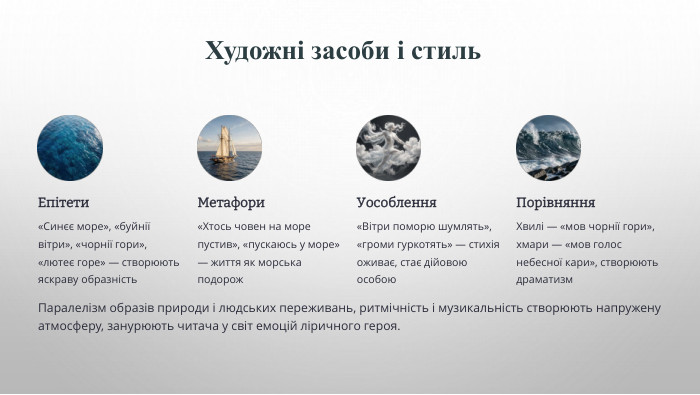 Художні засоби і стиль. Епітети«Синєє море», «буйнії вітри», «чорнії гори», «лютеє горе» — створюють яскраву образність. Метафори«Хтось човен на море пустив», «пускаюсь у море» — життя як морська подорож. Уособлення«Вітри поморю шумлять», «громи гуркотять» — стихія оживає, стає дійовою особою. Порівняння. Хвилі — «мов чорнії гори», хмари — «мов голос небесної кари», створюють драматизм. Паралелізм образів природи і людських переживань, ритмічність і музикальність створюють напружену атмосферу, занурюють читача у світ емоцій ліричного героя.