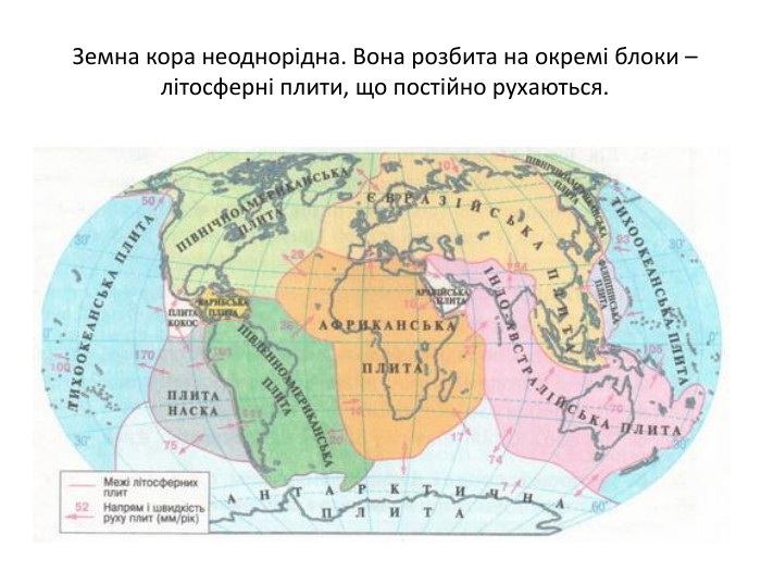 Земна кора неоднорідна. Вона розбита на окремі блоки – літосферні плити, що постійно рухаються.
