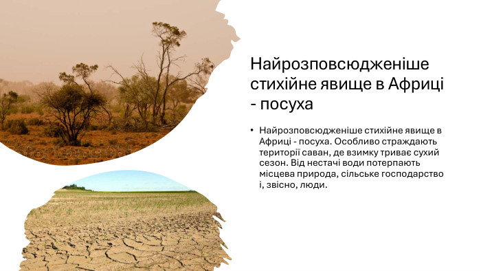 Найрозповсюдженіше стихійне явище в Африці - посуха. Найрозповсюдженіше стихійне явище в Африці - посуха. Особливо страждають території саван, де взимку триває сухий сезон. Від нестачі води потерпають місцева природа, сільське господарство і, звісно, люди. 