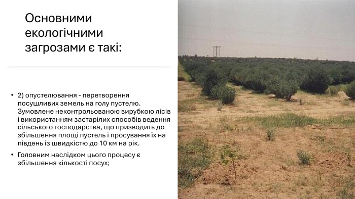 Основними екологічними загрозами є такі:2) опустелювання - перетворення посушливих земель на голу пустелю. Зумовлене неконтрольованою вирубкою лісів і використанням застарілих способів ведення сільського господарства, що призводить до збільшення площі пустель і просування їх на південь із швидкістю до 10 км на рік. Головним наслідком цього процесу є збільшення кількості посух;
