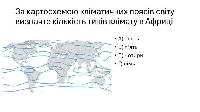 За картосхемою кліматичних поясів світу визначте кількість типів клімату в АфриціА) шість. Б) п’ять. В) чотири. Г) сімь