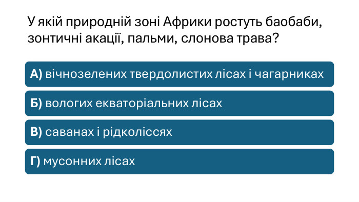 У якій природній зоні Африки ростуть баобаби, зонтичні акації, пальми, слонова трава?