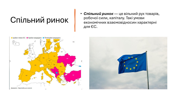 Спільний ринок. Спільний ринок — це вільний рух товарів, робочої сили, капіталу. Такі умови економічних взаємовідносин характерні для ЄС.