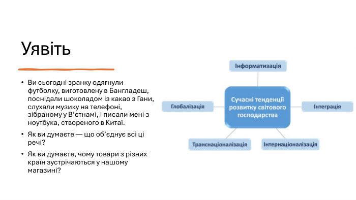 Уявіть. Ви сьогодні зранку одягнули футболку, виготовлену в Бангладеш, поснідали шоколадом із какао з Гани, слухали музику на телефоні, зібраному у В’єтнамі, і писали мені з ноутбука, створеного в Китаї. Як ви думаєте — що об’єднує всі ці речі? Як ви думаєте, чому товари з різних країн зустрічаються у нашому магазині?