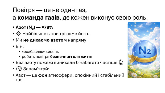 Повітря — це не один газ,а команда газів, де кожен виконує свою роль. Азот (N₂) — ≈78%🔹 Найбільше в повітрі саме його. Ми не дихаємо азотом напряму. Він:«розбавляє» кисеньробить повітря безпечним для життя. Без азоту пожежі виникали б набагато частіше 🔥🧠 Запам’ятай: Азот — це фон атмосфери, спокійний і стабільний газ.