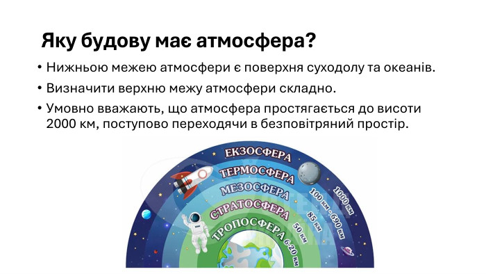  Яку будову має атмосфера?Нижньою межею атмосфери є поверхня суходолу та океанів. Визначити верхню межу атмосфери складно. Умовно вважають, що атмосфера простягається до висоти 2000 км, поступово переходячи в безповітряний простір.