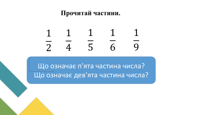 12.01.2025 12 15 16 19 14 Що означає пята частина числа?Що означає девята частина числа?Прочитай частини.