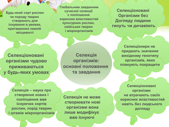 СелекціонованіОрганізми без. Догляду людини гинуть чи дичавіють. Селекціонери не придають значеннявихідному генотипуорганізмів, якихпланують покращити. Селекціоновані організми не втрачають своїх корисних властивостейнавіть без людського догляду. Будь-який сорт рослинчи породу тварин створюють дляіснування в умовах,притаманних певній місцевостіСелекціоновані організми чудовоприживаютьсяу будь-яких умовах. Селекція – наука простворення нових іполіпшення вжеіснуючих сортіврослин, порід тварині штамів мікроорганізмів. Селекція не може створювати новіорганізми воналише модифікує вже існуючі Глобальним завданнямсучасної селекції є поліпшення корисних властивостейкультурних рослин, свійських тварин і мікроорганізмів. Селекціяорганізмів:основні положення та завдання