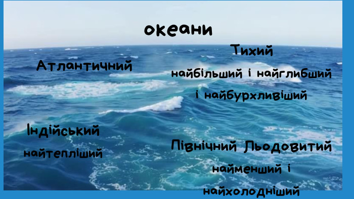 океани. Тихийнайбільший і найглибшийі найбурхливіший. АтлантичнийІндійськийнайтепліший. Північний Льодовитийнайменший і найхолодніший